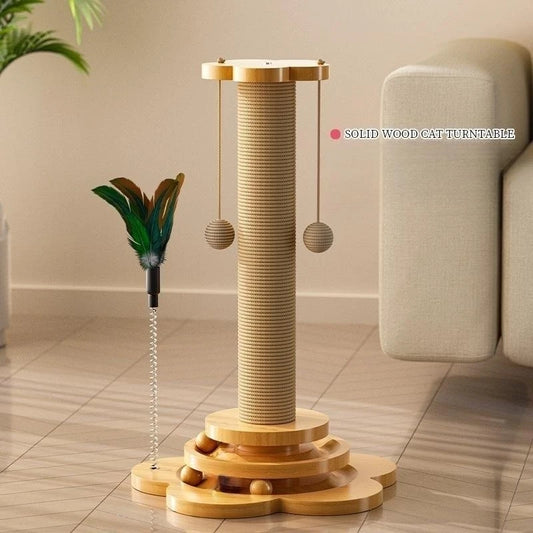 🐾 Solid Wood Cat Turntable Toy with Sisal Scratching Board & Balls – Fun Cat Stick Grab Column for Playtime & Scratching! 🐱