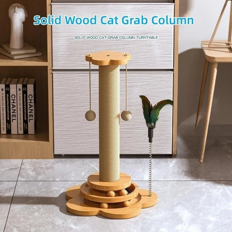 🐾 Solid Wood Cat Turntable Toy with Sisal Scratching Board & Balls – Fun Cat Stick Grab Column for Playtime & Scratching! 🐱